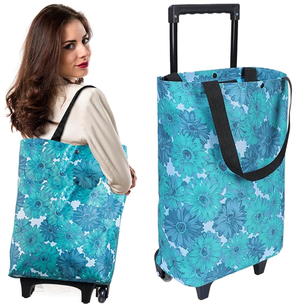 HASTHIP® Portable Shopping Cart with Shoulder Straps & Telescoping Pull Handle Large Capacity Wateproof Trolley Shopping Cart Groceries Shopping Cart Fashion Floral Print Shopping Cart