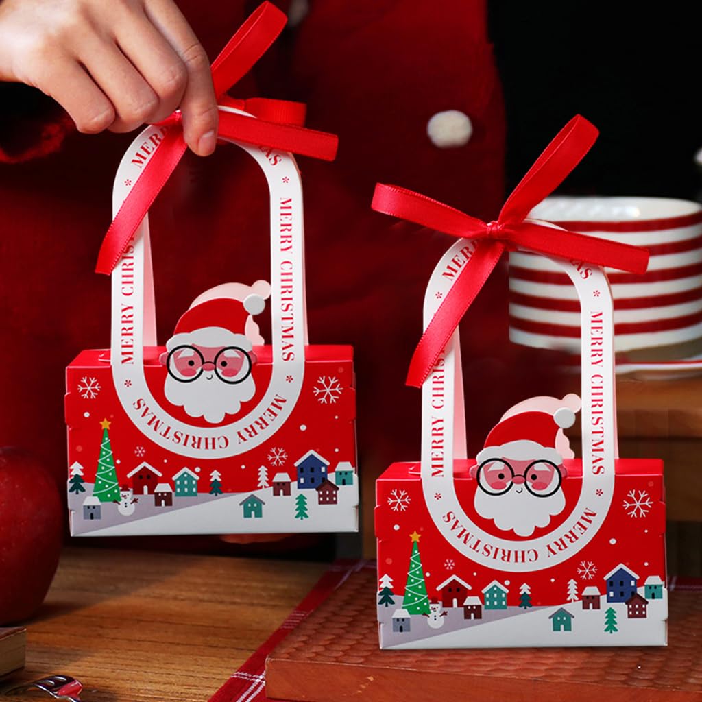 10Pcs Christmas Gift Packing Box with Ribbon Cute Santa Claus Christmas Gift Boxes Candy Gift Package Box DIY Christmas Gift Packing Paper Box with Handles X'mas Gift Box