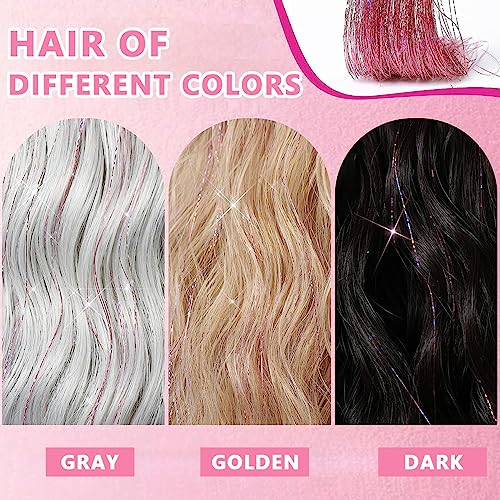 HASTHIP® 6 extensiones de cabello con purpurina y clip, color rosa, 52 cm, brillantes, para festivales