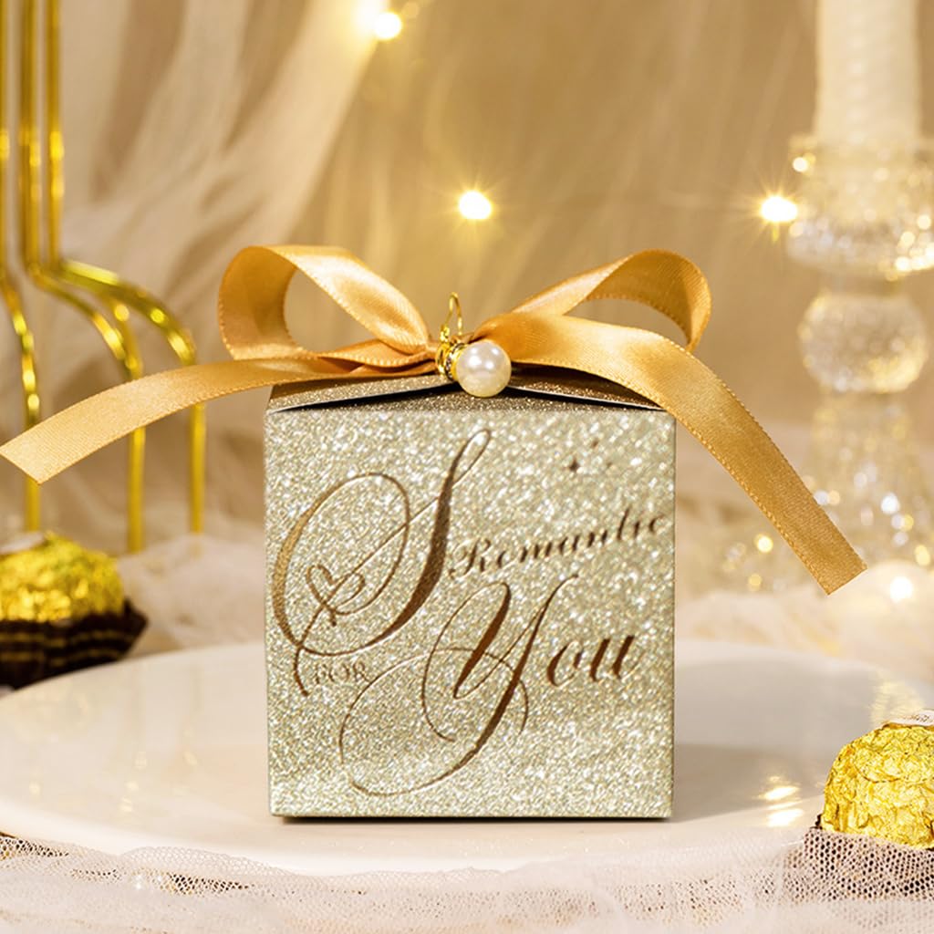 HASTHIP Small Gift Boxes for Wedding and Party Favors with Ribbon & Pearl Pin | 10pcs Gold Embossed 6.5×6.5cm Paper Boxes