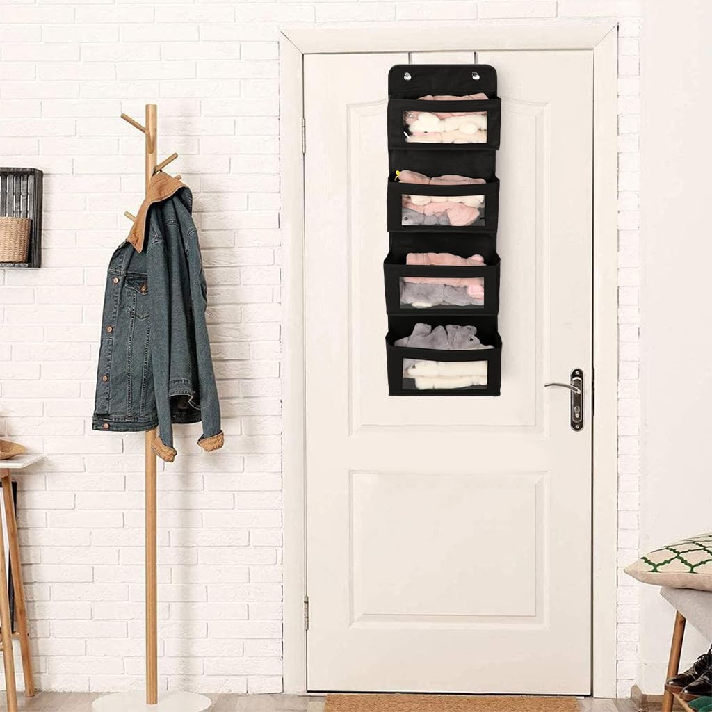 HASTHIP Over The Door Organizer for Wall and Closet Storage with 4 Felt Shelves and Clear Windows | Black