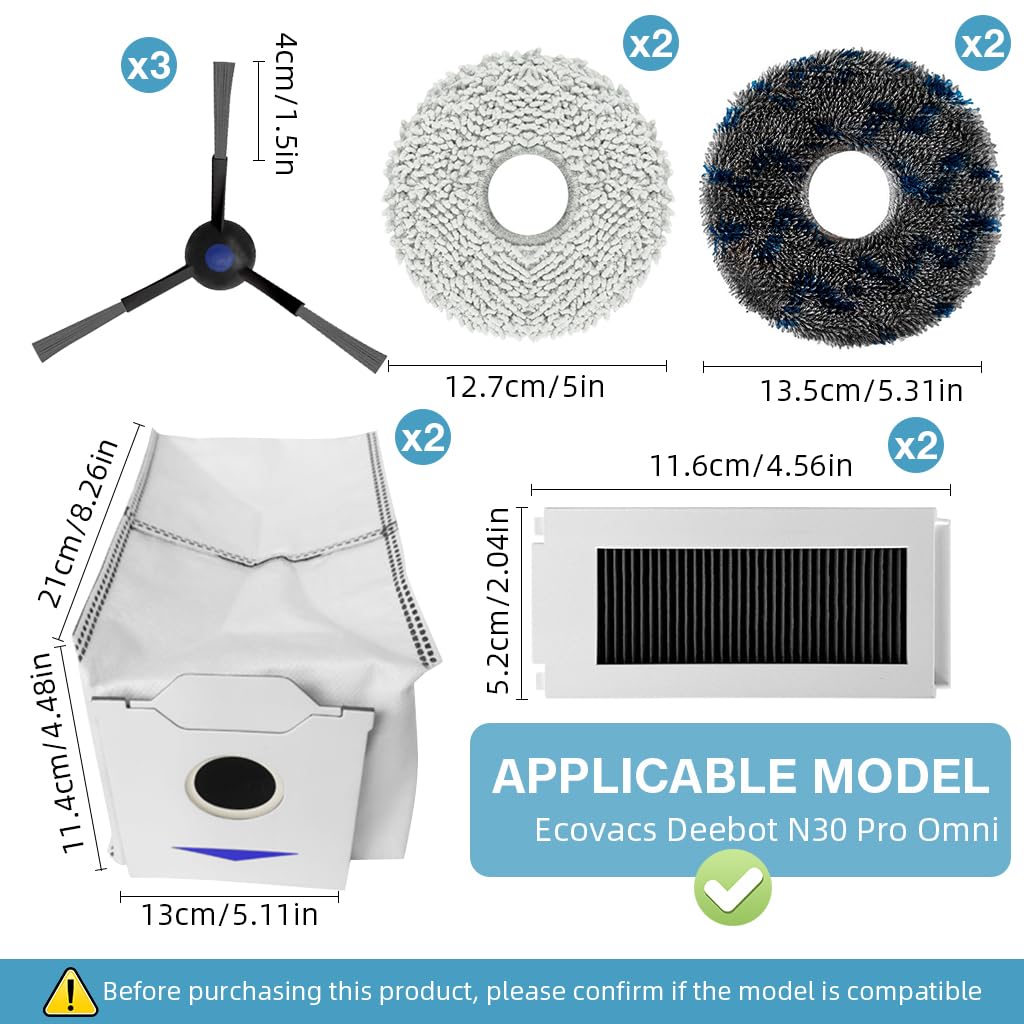 HASTHIP Replacement Accessories for Ecovacs Deebot N30 Pro Omni with 11 Pcs Kit | 3 Side Brushes 4 Mop Pads 2 Dust Bags 2 Filters