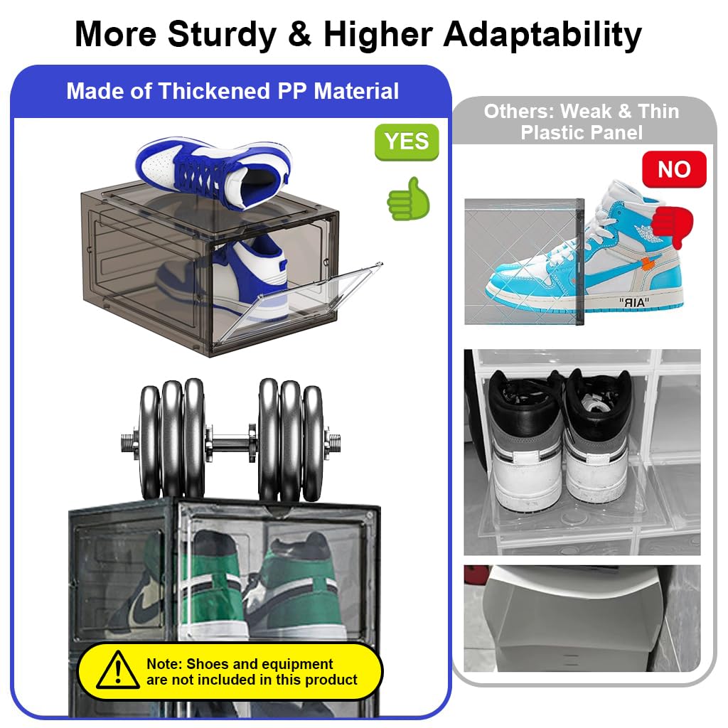 4 Packs Shoe Box Plastic Shoe Storage Separate Shoe Box with Magnet Door Stackable Shoe Organizer Universal Size Sneaker Shoe Box for Men Shoes Box for Women