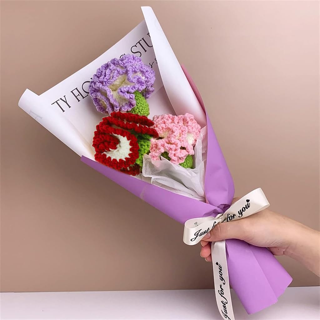 HASTHIP® 3Pcs Handmade Crochet Carnation Flowers for Home Decor Dual Color Crochet Carnation Flowers 16.53" Handmade Crochet Carnation Flowers
