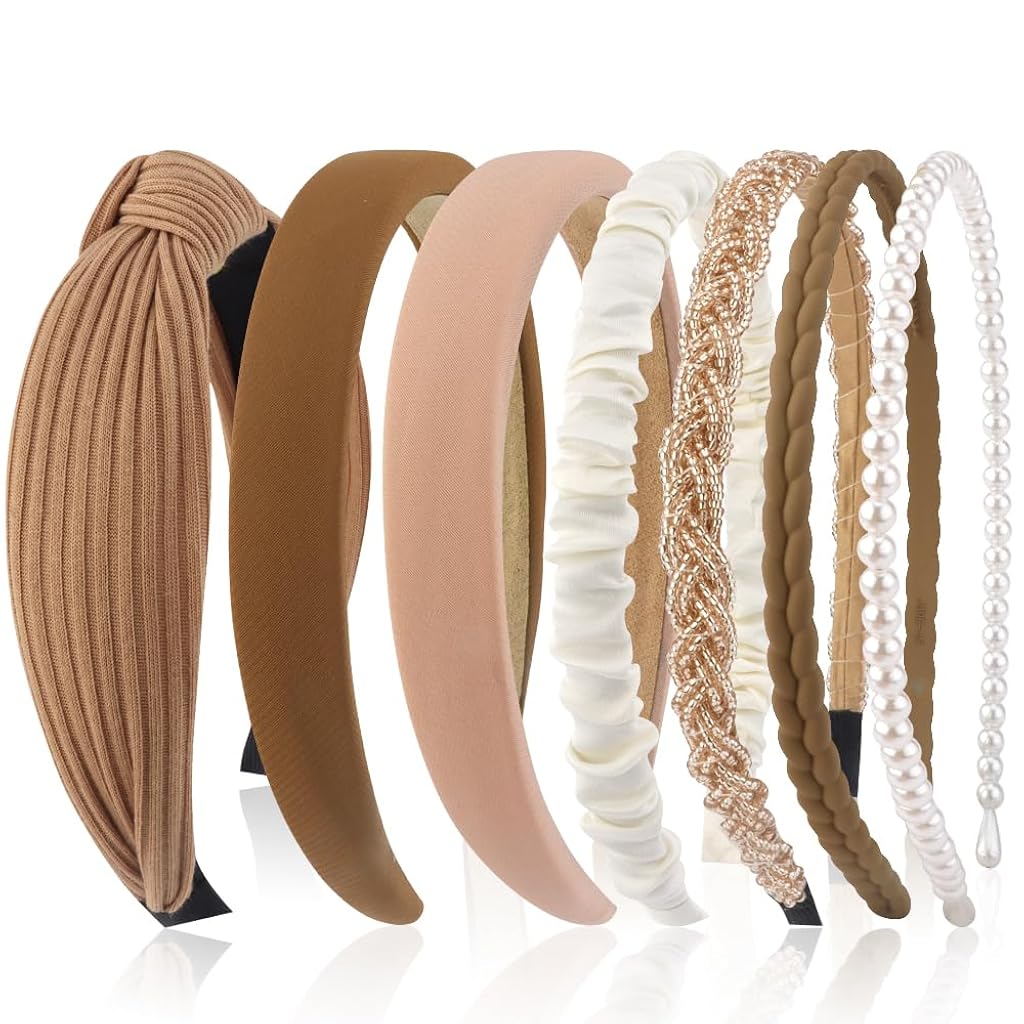 HASTHIP® 7 Piezas Diademas Mujer Niña, Cintas Pelo Antideslizantes Moda, Accesorios Cabello Estilo Variado, Bandas Elásticas Cómodas, Pack Color Marrón