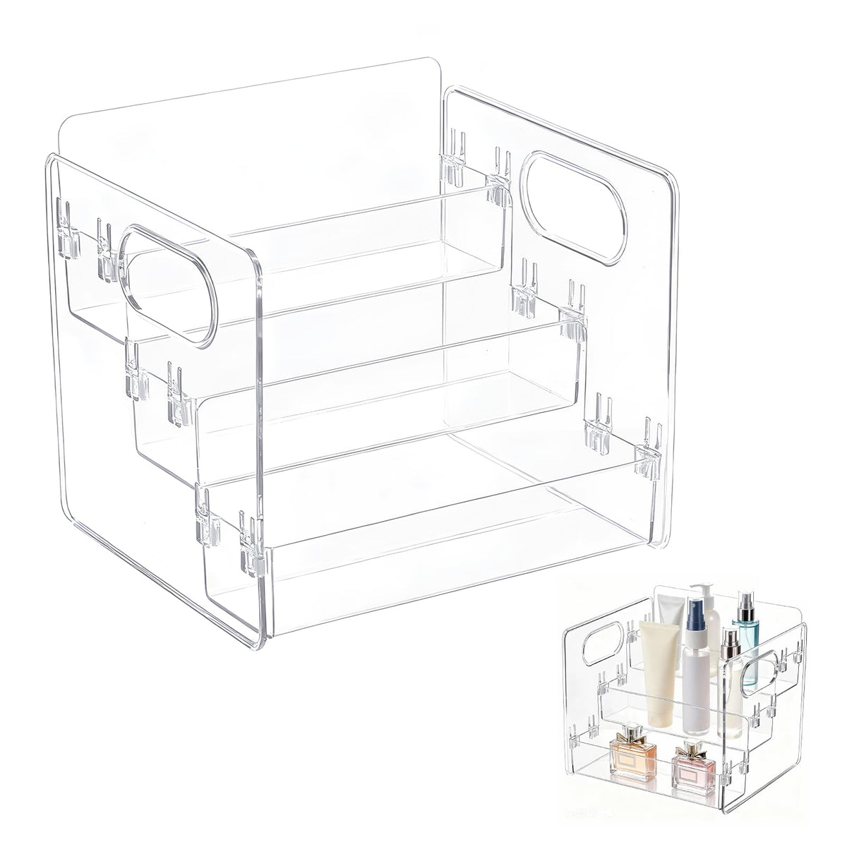 HASTHIP® Organizador transparente de 3 niveles con asa,estantería para perfumes,lociones y maquillaje almacenamiento de baño tocador y productos cuidado la piel
