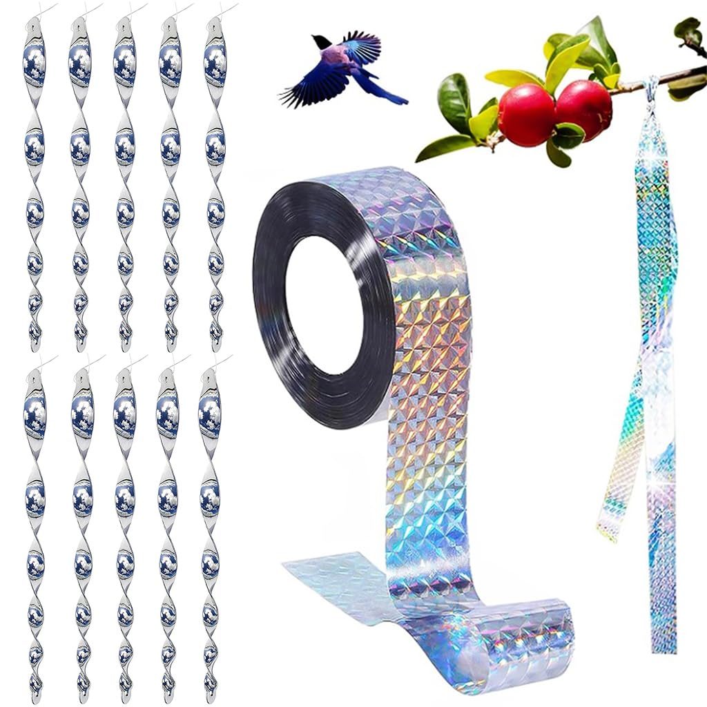 HASTHIP Bird Repellent Set for Gardens and Orchards with 10pcs Spiral Sticks and 2.4cm x 80m Reflective Tape | Silver Holographic Design