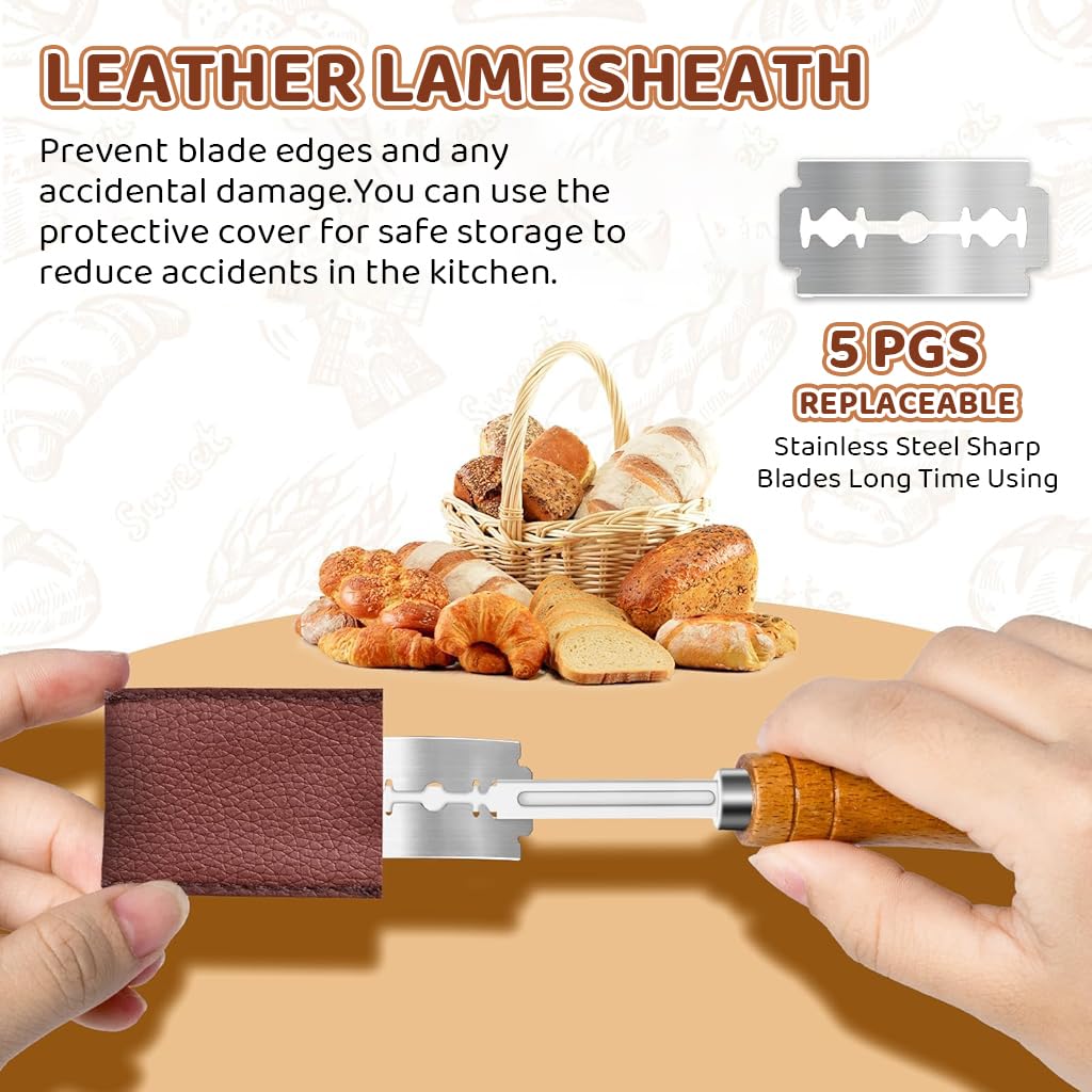 HASTHIP® Cuchilla para pan con 5 hojas reemplazables,cuchillo de pan de acero inoxidable con mango madera,herramienta profesional para cortar y decorar masa agria y artesanal