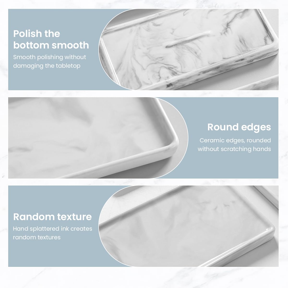 HASTHIP Rectangular Ceramic Vanity Tray for Jewelry and Makeup with Raised Edges | 23.5x9.3cm Marble Organizer