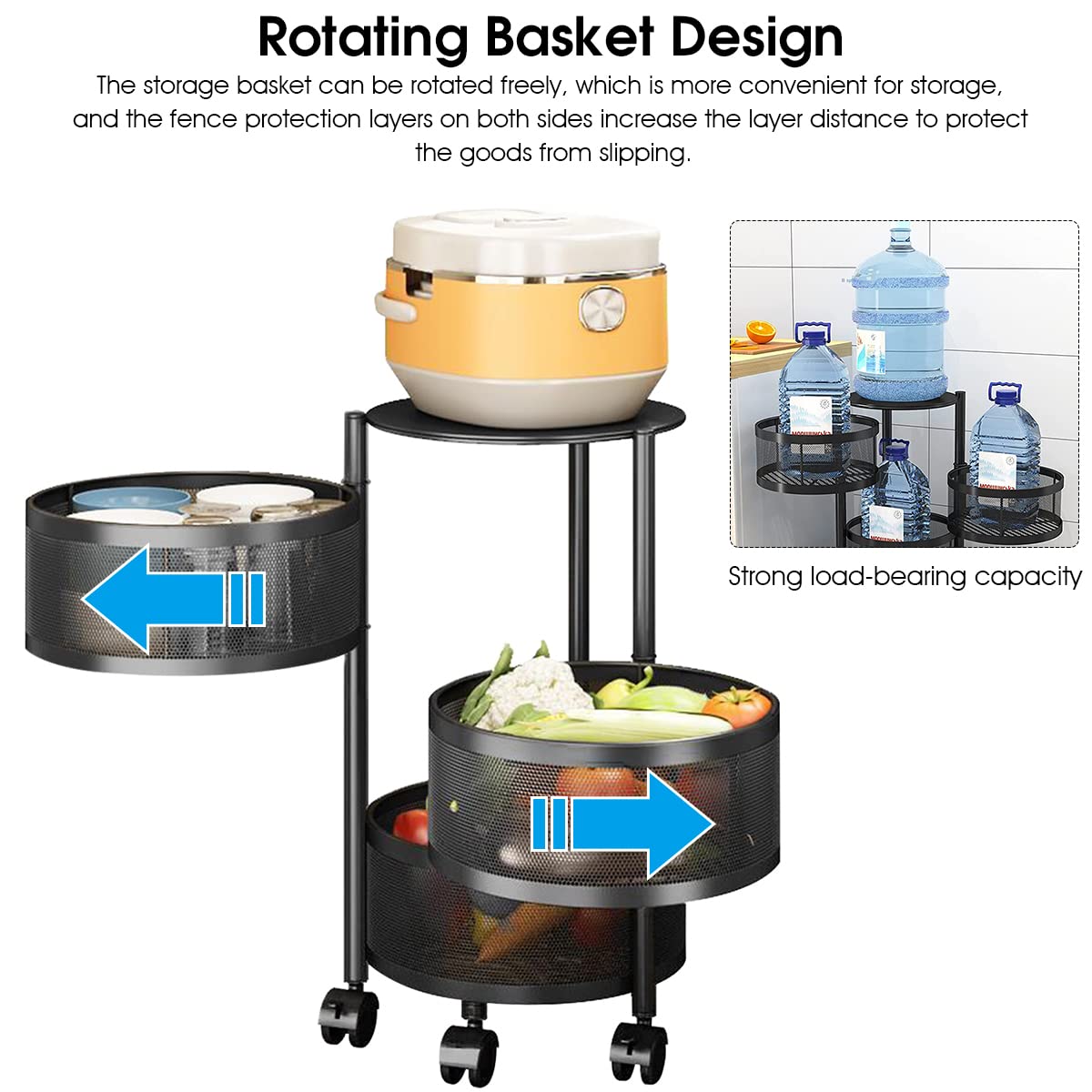 3 Layer Kitchen Rotating Trolley Portable Storage Rack, Rotating Kitchen Trolley, Kitchen Trolley with Wheels for Storage, Vegetable Storage Rack for Kitchen Living Room