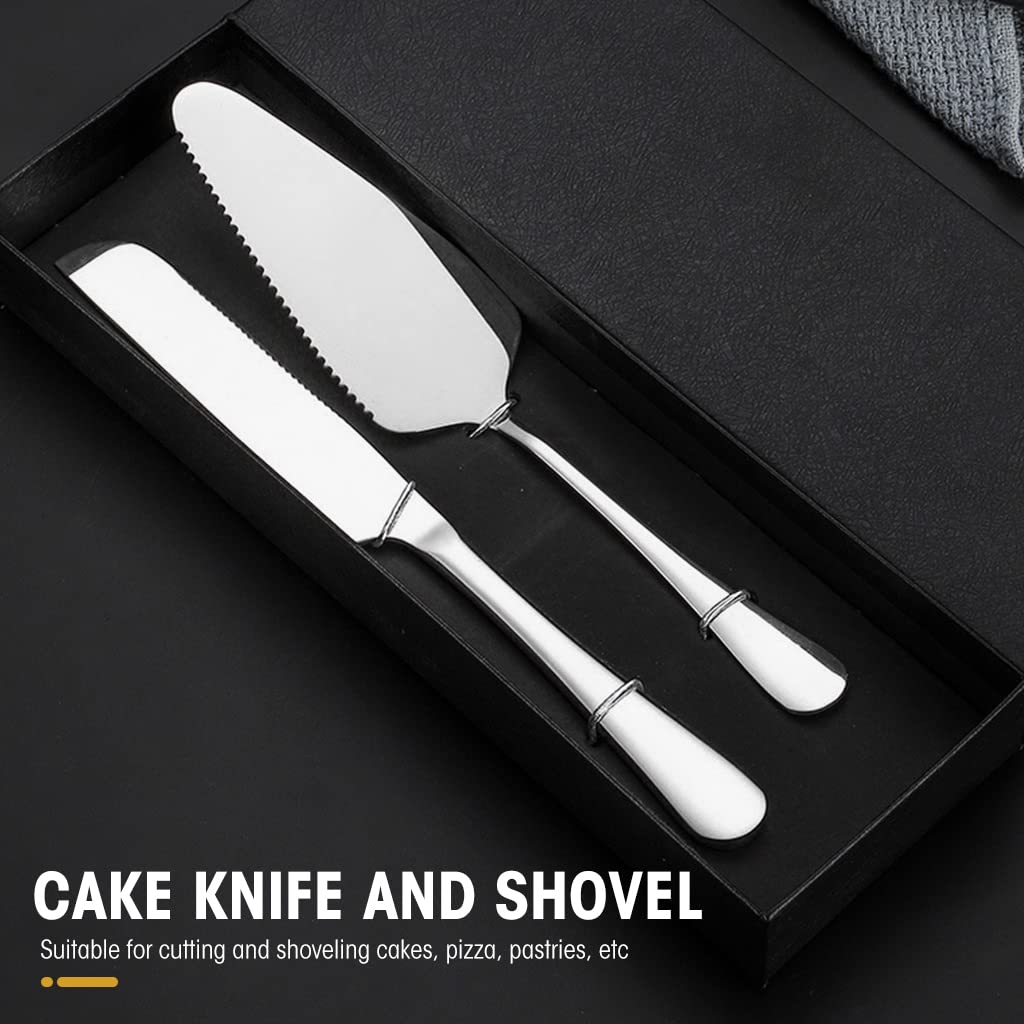 Cake Cutting Knife Set, Elegant Stainless Steel Cake Knife and Cake Server Set, Cake Cutter and Pie Spatula for Birthday Anniversary Christmas Gift Set of 2, Silver