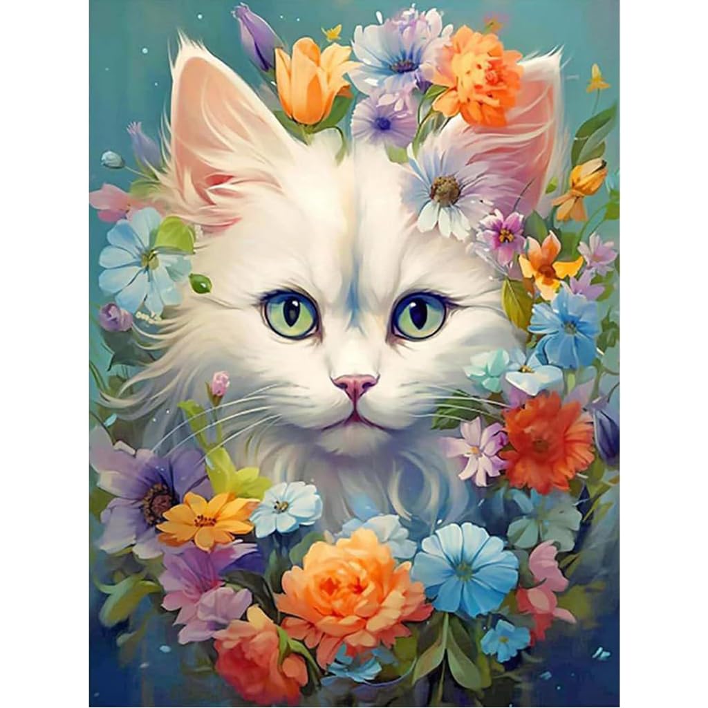 Diamond Painting Kit - 12x16inch White Cat Diamond Painting Kits, 5D Diamond Painting Kit for Adults & Kids, Very Suitable for Home Leisure and Wall Decoration, Gift for Kids and Adults