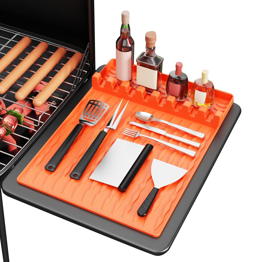 HASTHIP® Silicone Grill Mat Compatible - Utensils Organizer Mat - Kitchen Drain Mat - Silicone Griddle Tools Mat with Drip Pad - Heat Resistant Grill Mat - Seasoning Bottles Tray & Kitchen Utensils