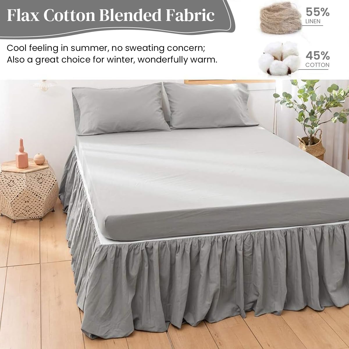 HASTHIP Bed Skirt for Single Bed 75x39 in featuring Pleated Minimalist Design in Grey | 15 in Drop Polyester Cotton Dust Cover