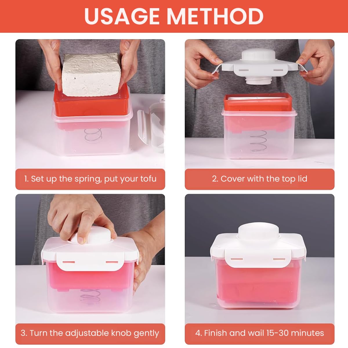 HASTHIP Tofu Press Maker for Water Removal featuring Spring Loaded Design 15.5x13.5x13.5cm | Food Grade Stainless Steel 3PCS