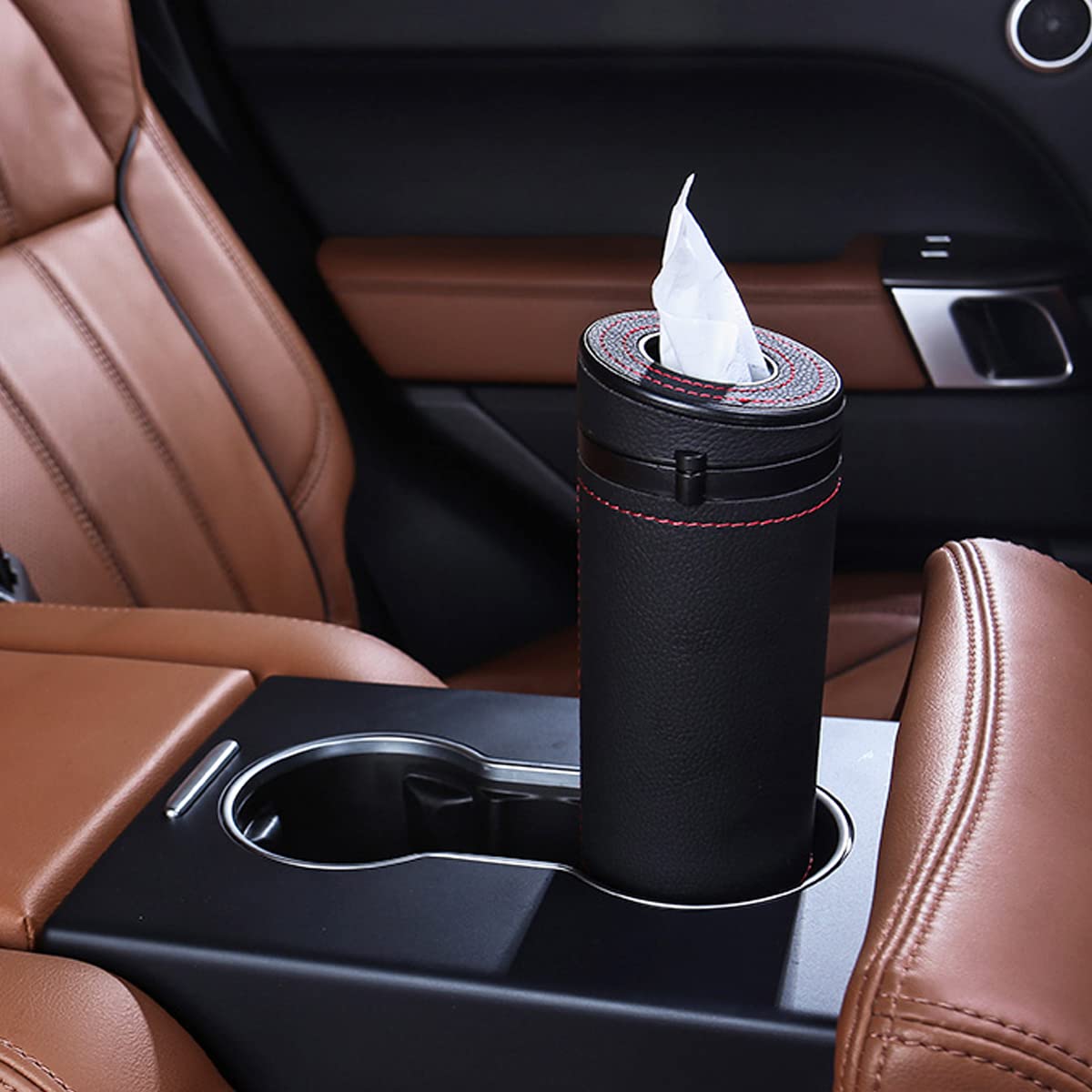 HASTHIP Car Tissue Paper Holder for Cup Holder Use featuring 2.6 in Diameter and Hidden Glass Breaker | PU Leather Cylinder Box for Car Office