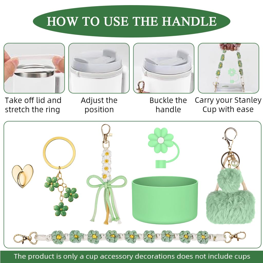 HASTHIP Stanley Cup Accessories Set of 8 for 40oz and 30oz with Crochet Hand Strap | Floral Charms and Silicone Boot