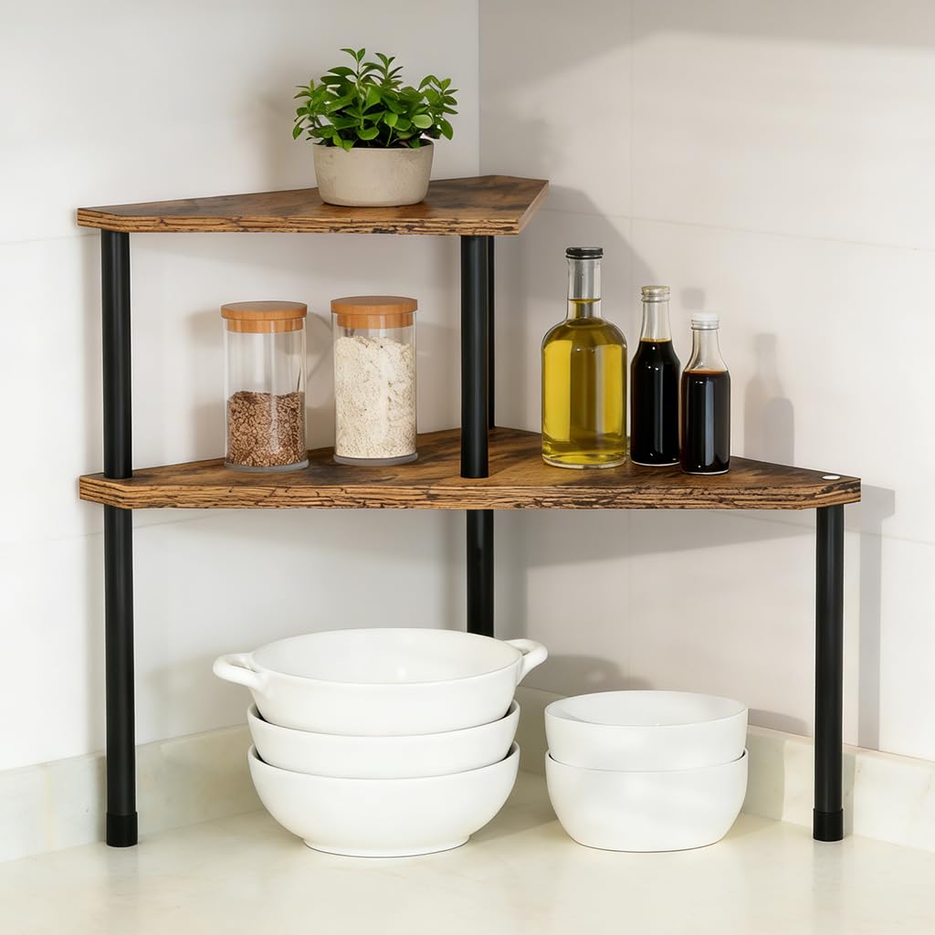 HASTHIP® Estante Organizador de Esquina de Doble Capa con Patas de Metal, Repisa Triangular de Madera, Estante de Encimera de Montaje DIY para Especias y Artículos Pequeños