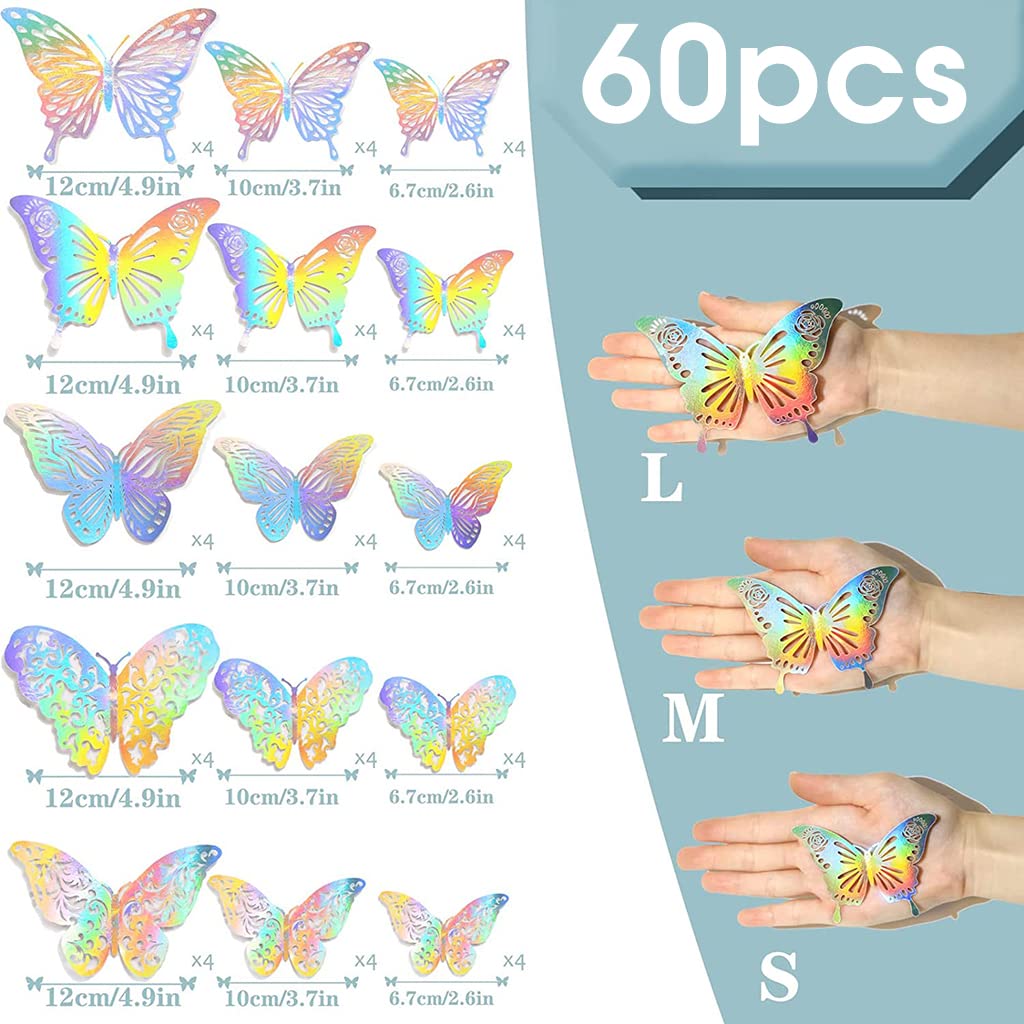 60pcs 3D Butterfly Wall Stickers Decor Rainbow Silver Butterfly Stickers Hollow Mural Decals DIY Decorative Wall Art Crafts for Baby Room Home Decor Refrigerator Decoration, Self-Adhesive