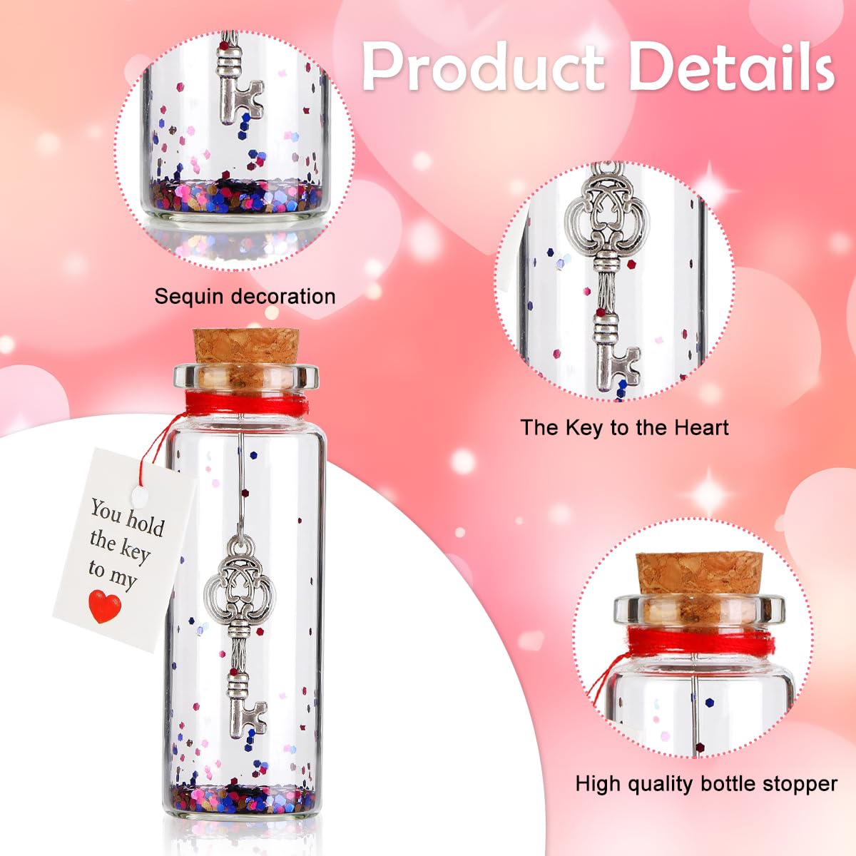 HASTHIP Mini Decorative Jar for Valentine and Anniversary Gifts featuring Cork Stopper | 22x60mm Glass Bottle with Key and Message Card
