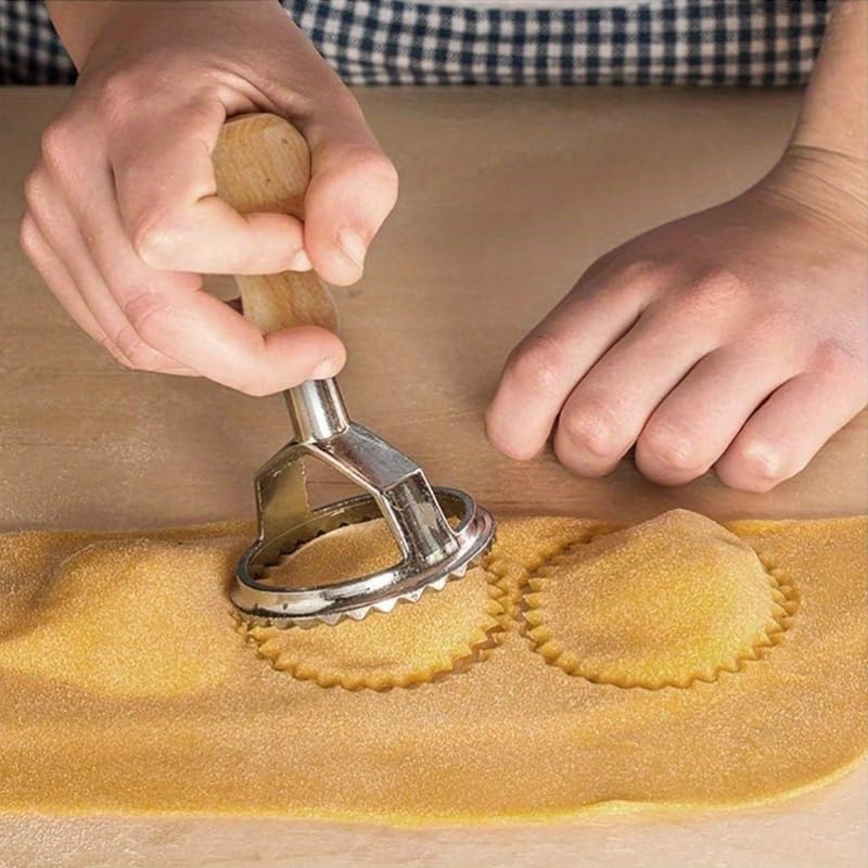 HASTHIP Ravioli Stamp Maker Cutter Set of 3 with Wooden Handle and Fluted Edge for Pasta | Food‑Grade Stainless Steel