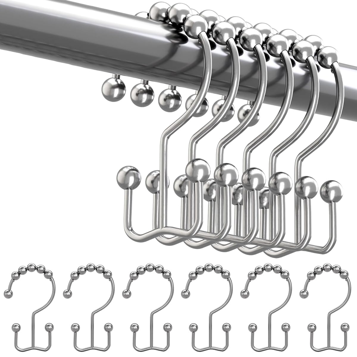 12Pcs Shower Curtain Hooks - Shower Curtain Rings Rust Proof Metal Double Glide Shower Hooks Rings for Bathroom Shower Rods Curtains (Nickel)