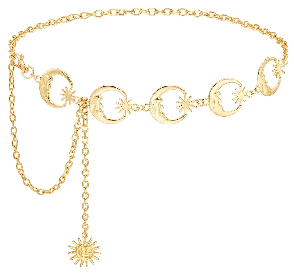 HASTHIP® Gold Waist Chain Belt for Women,Moon Star Metal Waist Chain for Dresses Saree Jeans,Adjustable Body Fashion Belt Party Suit Blazer or Evening Gown