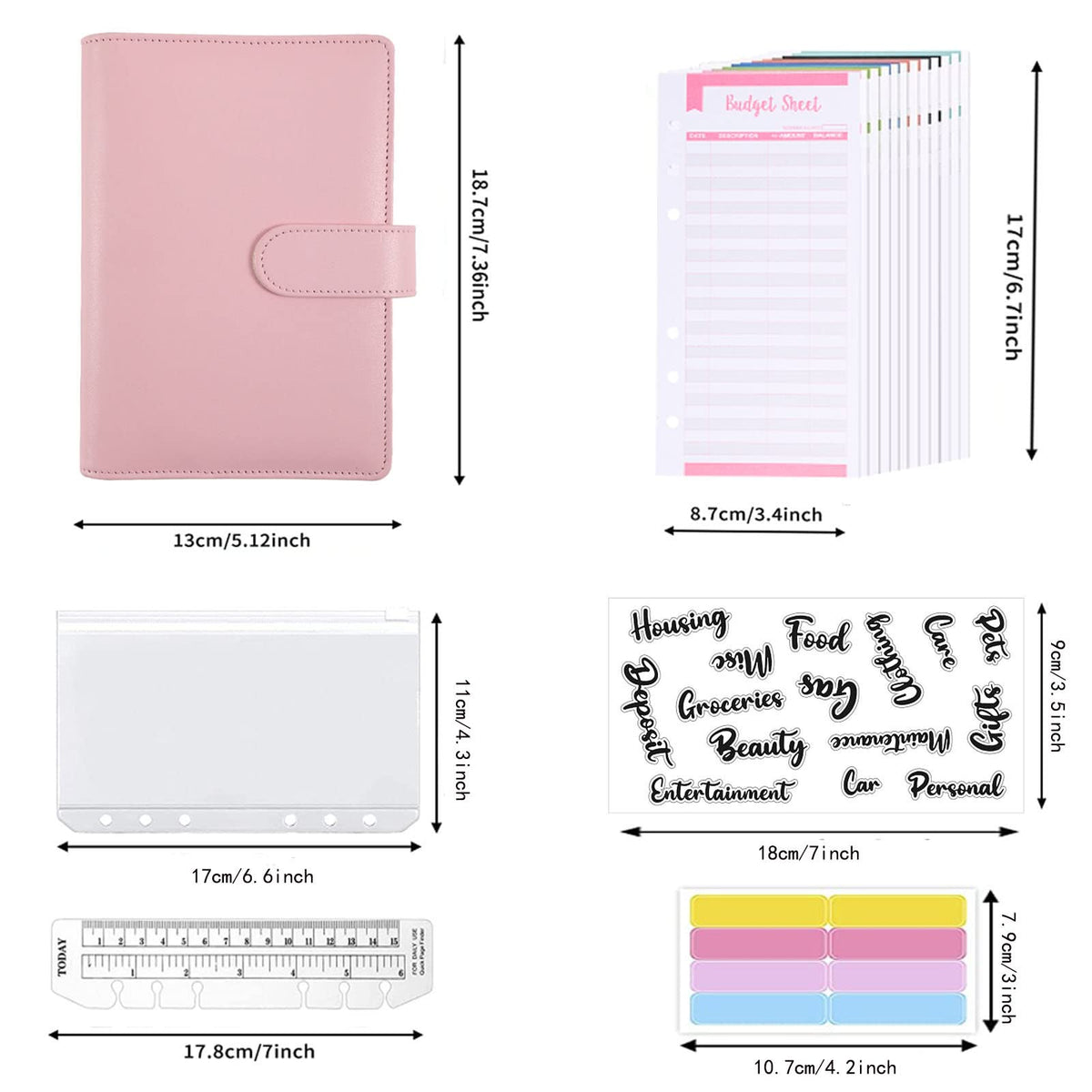 File Folder Ring Binder Notebook Set, A6 PU Leather Binder Clip with Envelopes, Budget Sheets, Label Stickers, 1 Ruler Stationery Supplies