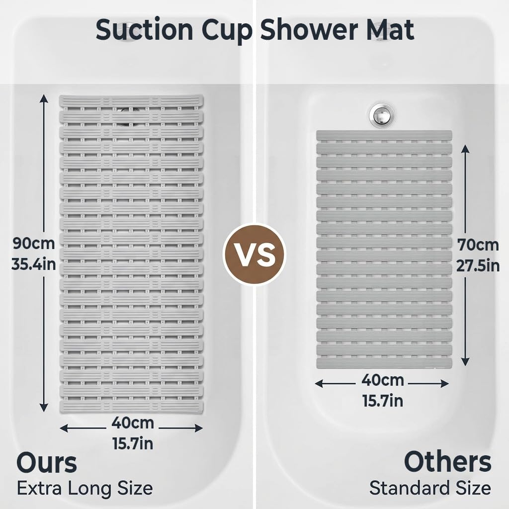 HASTHIP® Bathroom Mats, Suction Cup Shower Mat, 35.4''x 15.7'' Silicone Shower Mats for Bathroom Anti Slip, Anti-Skid Bathroom Safety Mat with Strong Grip, Quick Drain Design for Shower & Bathtub