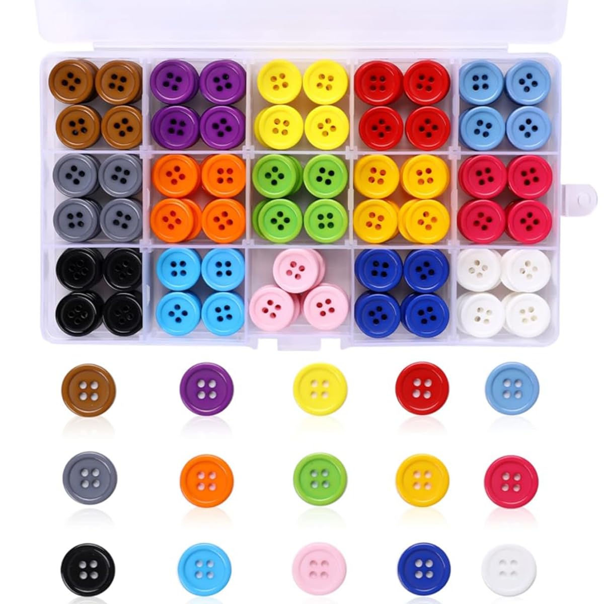 HASTHIP® 300pcs Buttons for Craft DIY 15mm Round Resin Sewing Buttons for Clothes with Box 4 Holes 15 Colors Ornament Crafts Buttons for Sewing Knitting Arts