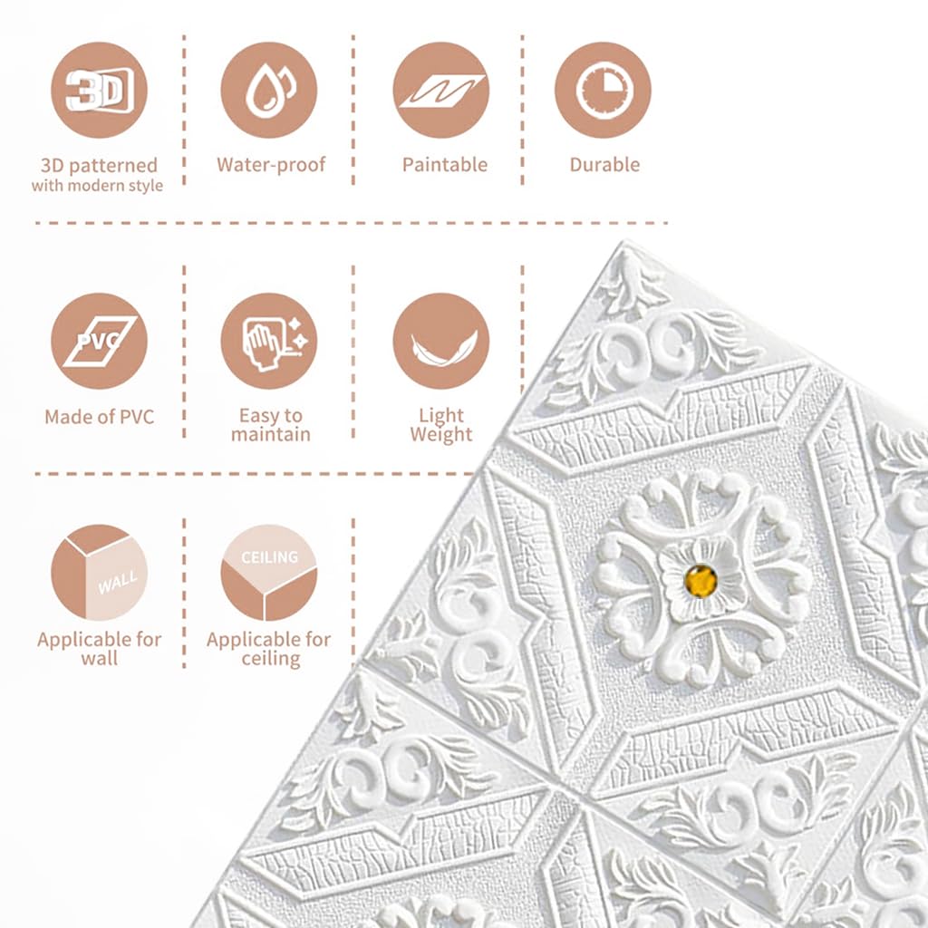 HASTHIP Brick Wallpaper Wall Decor Panels for Home Renovation with Self Adhesive 13.8 x 13.8 in Vintage White Foam | Ideal for Living Room and Bedroom