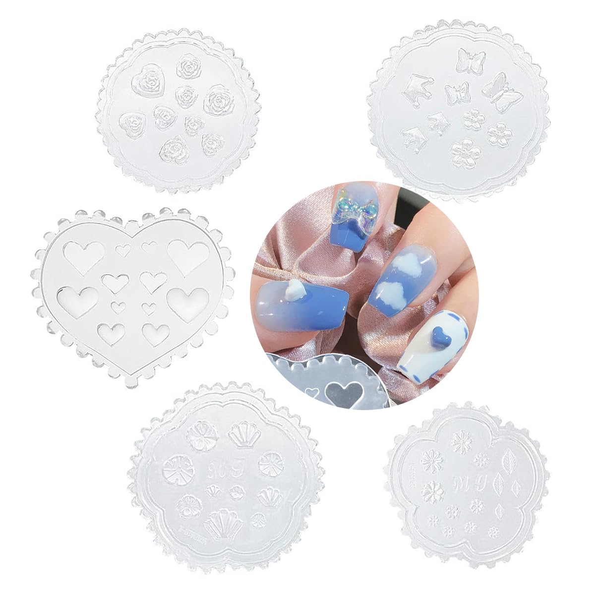 HASTHIP Nail Charms Resin Mold Set for DIY 3D Nail Art with Hearts Flowers and Crowns | 5Pcs Silicone Molds