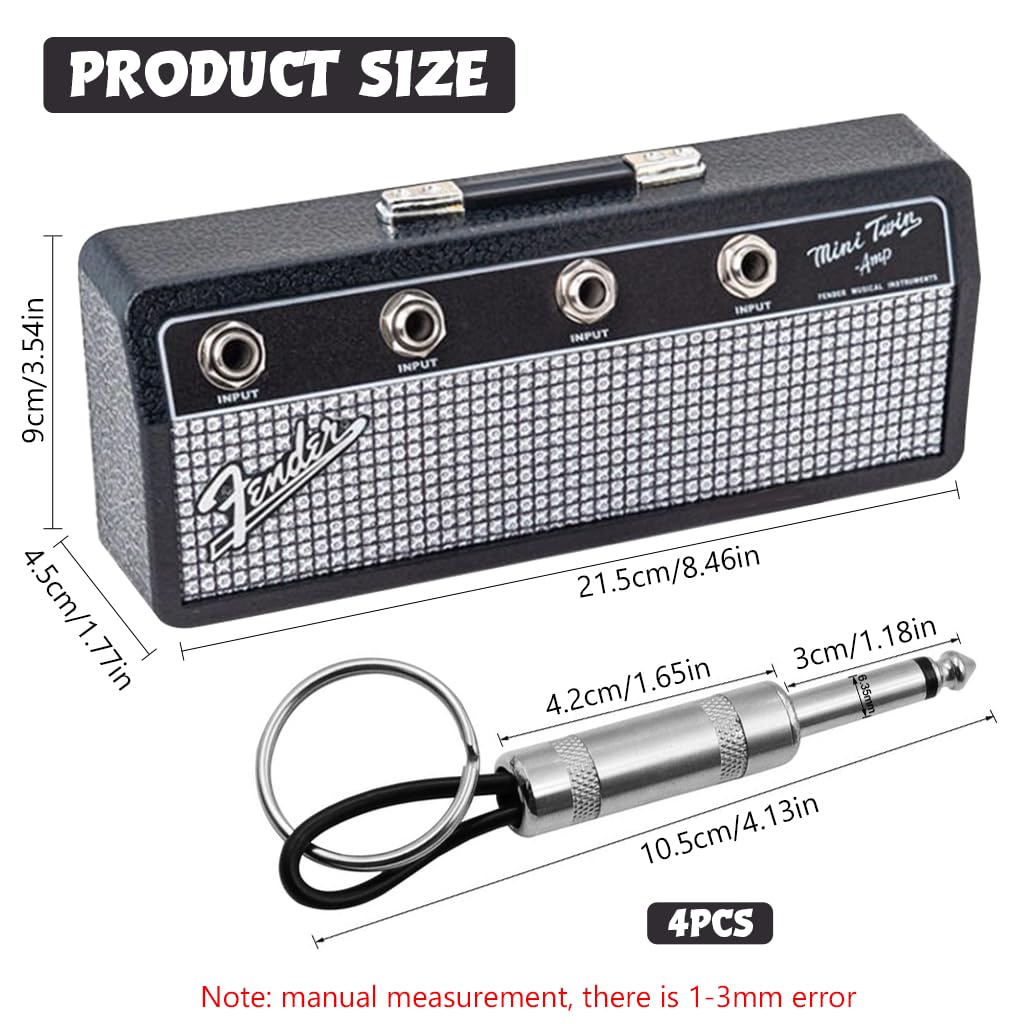HASTHIP Guitar Amp Key Holder for Music Lovers with 4 Plug Keychains and Wall Mount Kit | 21.5x4.5x9cm Black
