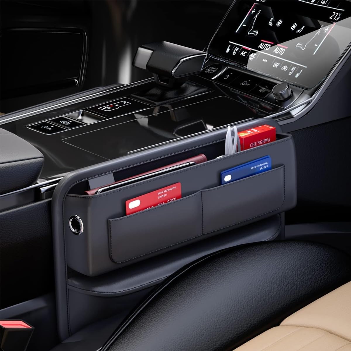HASTHIP® Organizador de Coche Asiento Frontal de Cuero PU, Accesorio Interior para Consola, Bolsillo Lateral entre Asiento y Consola para Teléfonos, Gafas, Llaves y Tarjetas, Negro