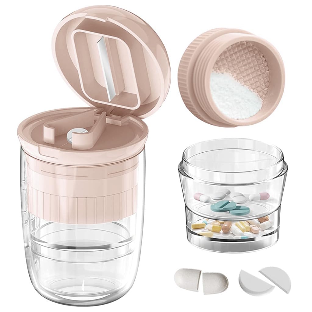 HASTHIP® Pastillero de Viaje 4 en 1 con Cortador y Triturador de Pastillas,Caja Portátil con Vaso para Beber,Organizador Medicamentos y Vitaminas Ideal para Viajes Uso Diario