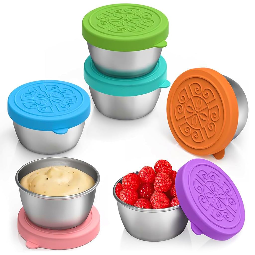 HASTHIP® 6 Pack Small Condiment Containers with Lids, 40ml Leakproof Salad Dressing Container To Go, Stainless Steel Sauce Container with Silicone Lids, Reusable Small Dipping Sauce Cups