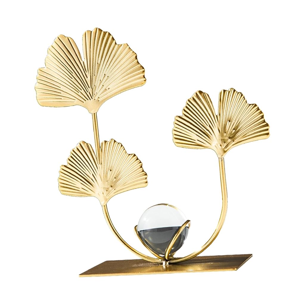 HASTHIP® Golden Ginkgo Leaf Desk Decoration - Wrought Iron Ginkgo Leaf with Elegant Crystal Ball Centerpiece, Timeless Office and Home Decor, Housewarming Gift, 12x6x18cm