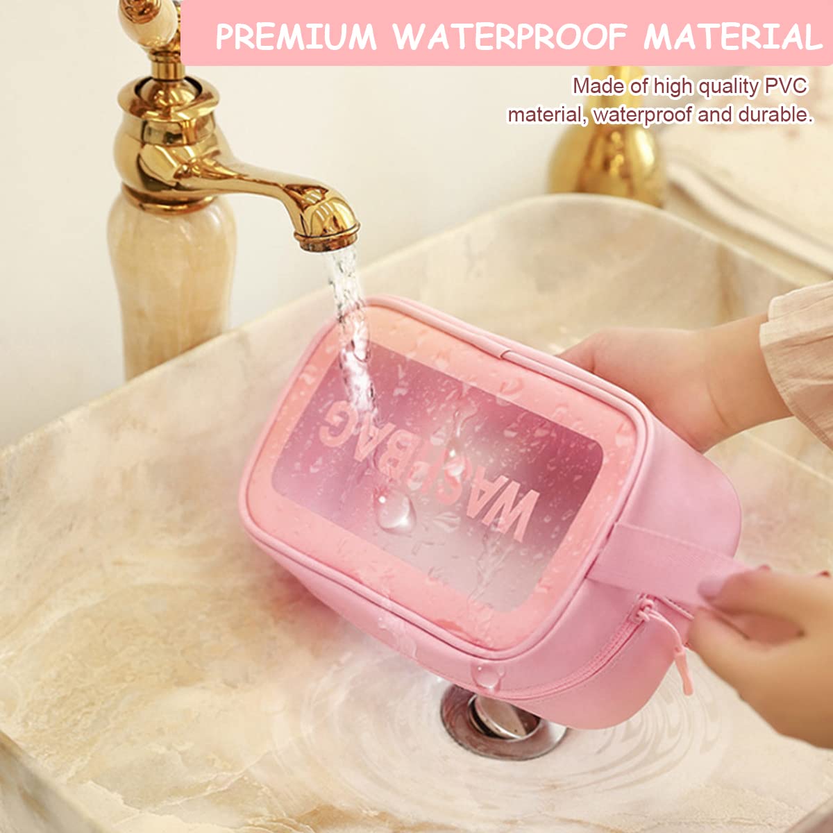 MAYCREATE® 3 Pcs Clear Makeup Pouch Set Cosmetic Organizer Bag for Women and Girls Travel Waterproof Toiletry Storage Kit for Home Travel Use (Pink)