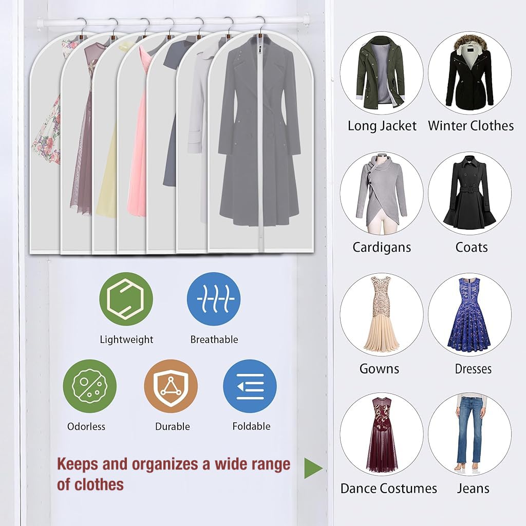 HASTHIP Suit Cover Set for Garment Storage with Zippered Hanging Design 5pcs 60x100cm PEVA | Clear Clothes Protector Bags