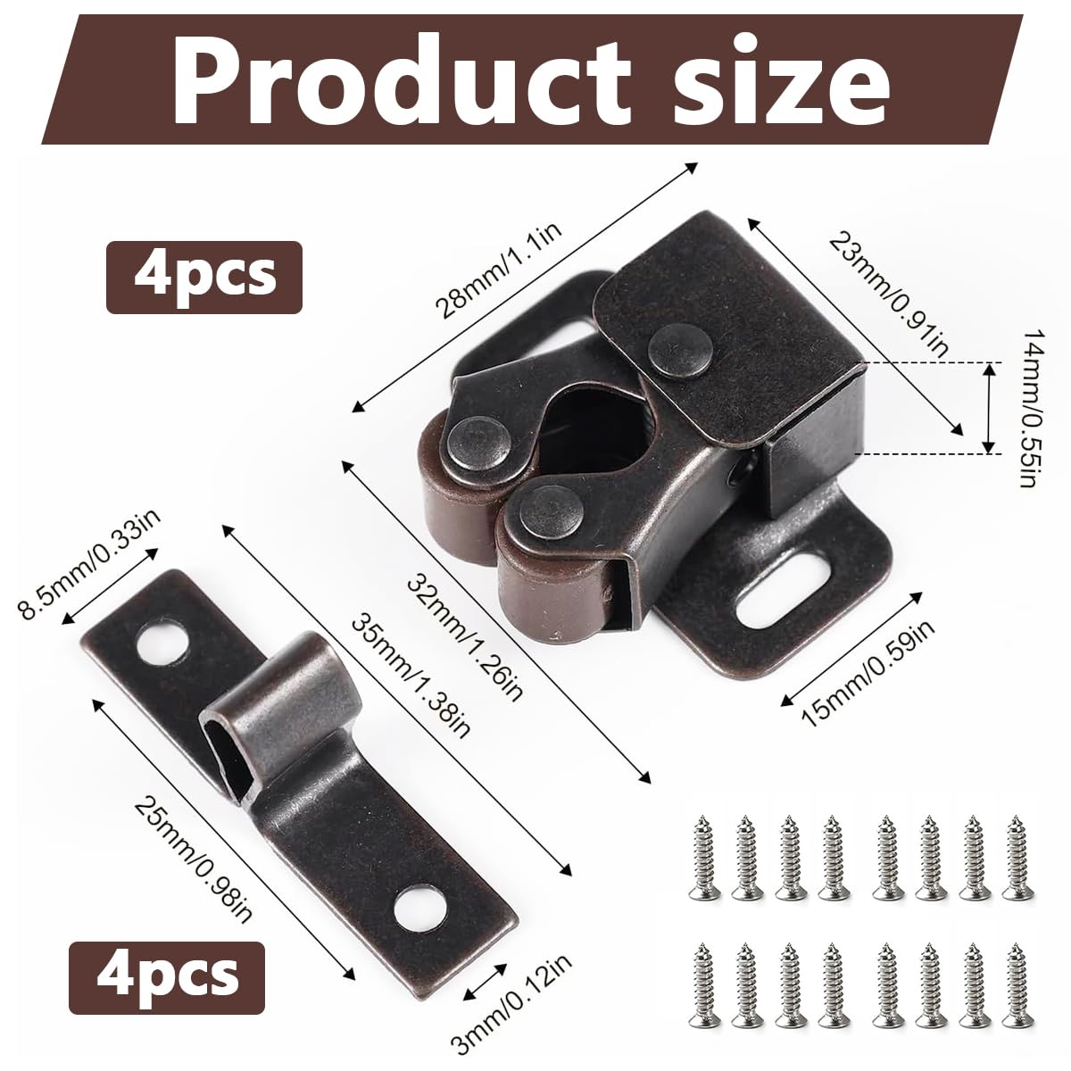 4 Pcs Cabinet Door Latch, Double Roller Catch Hardware for Cupboard Closet, Sliding Door, Kitchen Cabinet Door, Versatile for Residential or Commercial Use (Red-Brown)