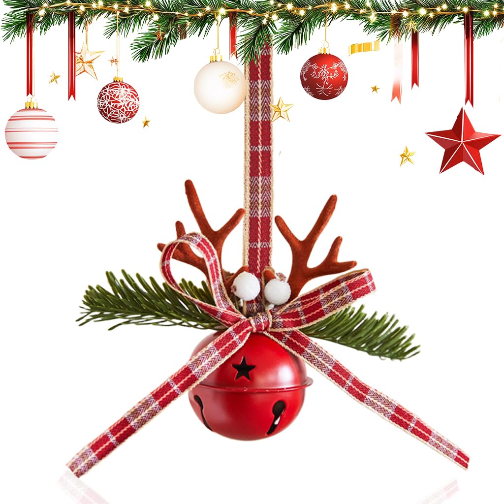 HASTHIP Christmas Jingle Bells for Tree and Home Décor featuring Ribbon Bow and Elk Design | Red Metal Hanging Ornaments