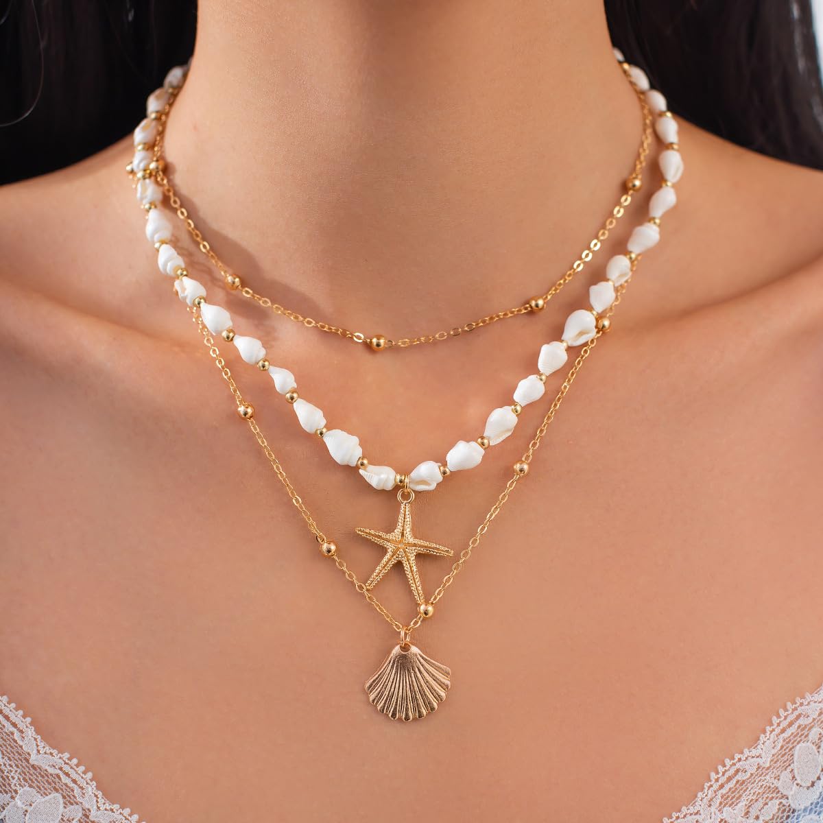 HASTHIP® Juego de 3 Collares para Mujer Dorados en Capas con Concha Marina y Estrella de Mar,Cadenas Bolas y Estilo Playa,Joyería Verano Boho Regalo Ideal