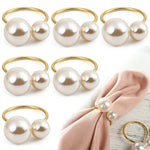 HASTHIP Faux Pearl Napkin Rings for Weddings and Festive Tables | Set of 6 Golden Holders