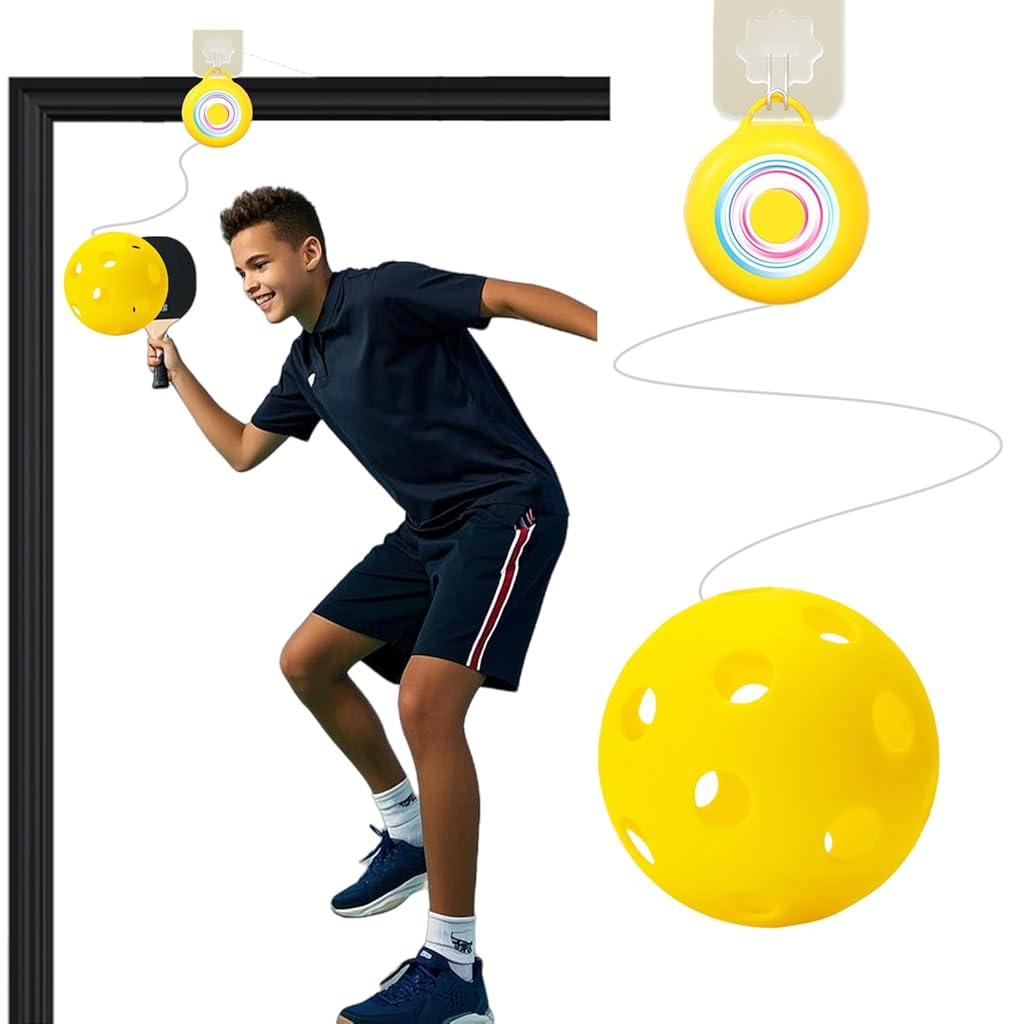 HASTHIP® Pickleball Trainer Device with 2 Balls Reflex Ball Speed Striking Training Tool Adjustable Height Solo-trainer Over-the-door Indoor Adhesive Pickleball Practice Equipment
