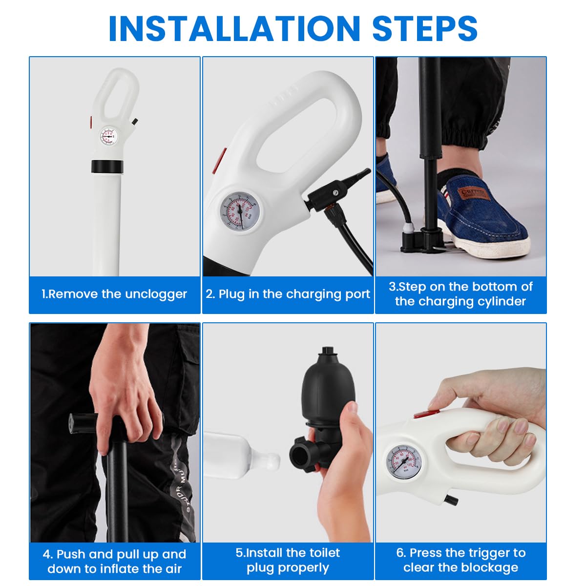 HASTHIP Pressurized Toilet Plunger for Clog Removal with Built-in Air Pump and Barometer | Multi-Attachment Heads for Toilets Sinks and Bathtubs
