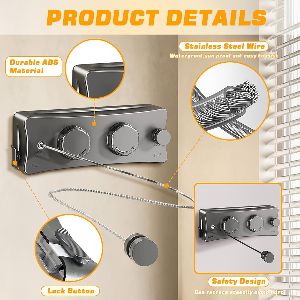 HASTHIP Retractable Clothesline for Indoor and Outdoor Use with Dual Row Design and 16.7 ft Extension
