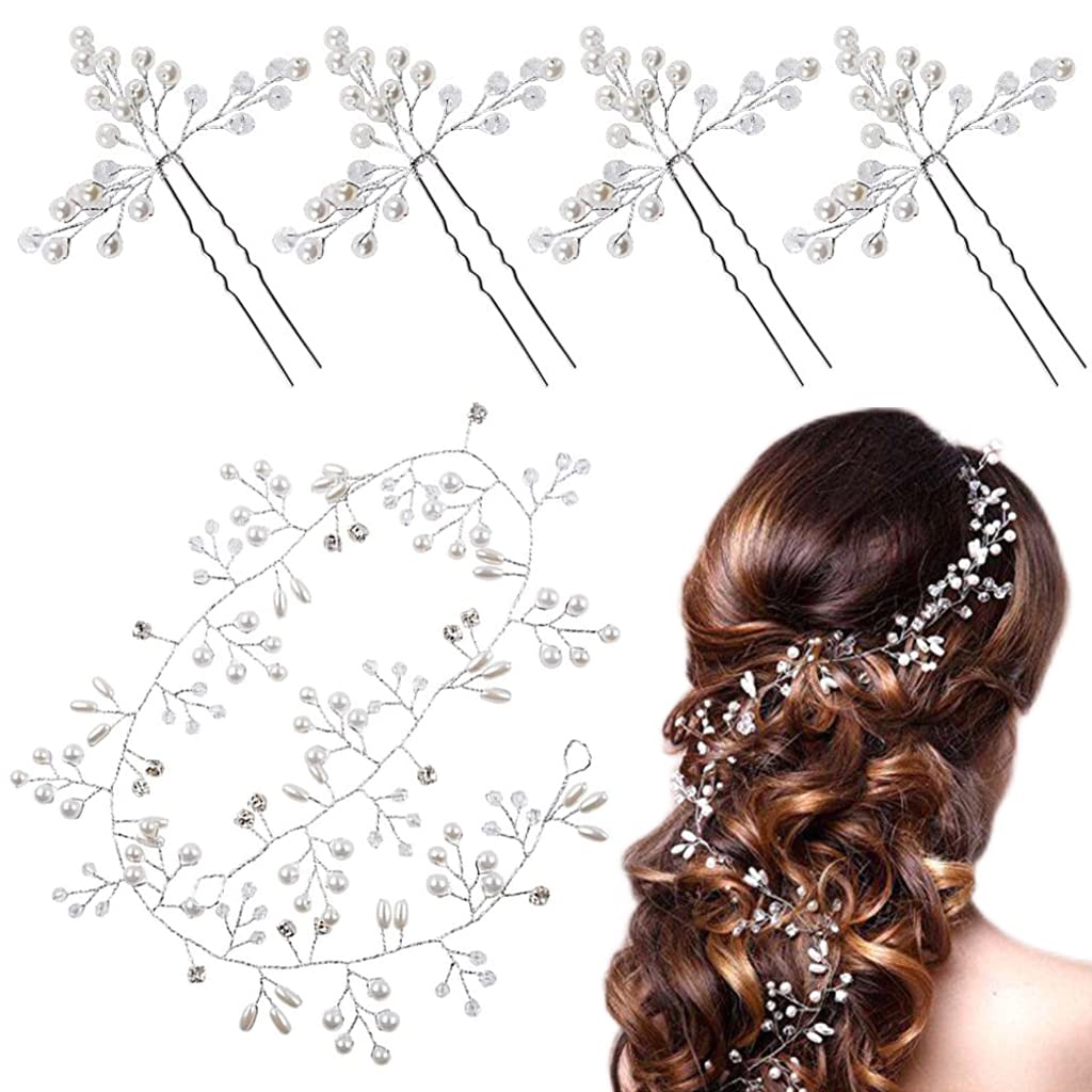 SANNIDHI® 5Pcs Bridal Hair Pin/Girls Hair Accessories, Flower Hair Accessories, Pearl Metal Wedding Hair Vine Crystal Beaded Hair Piece for Bride, Bridesmaids, Anniversary