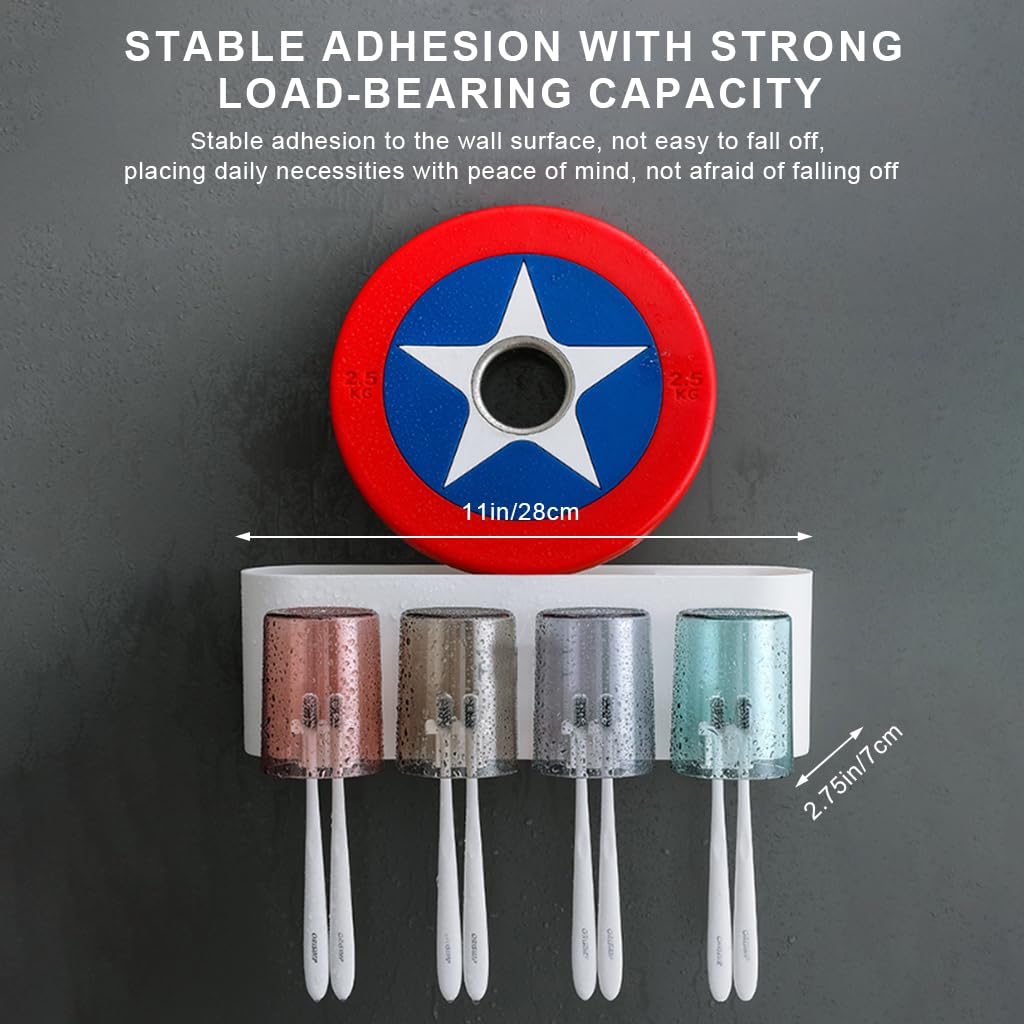 HASTHIP Toothbrush Holder with Toothpaste Dispenser and Adhesive Mount | Holds 4 Brushes & Cups for Family Bathroom Organization