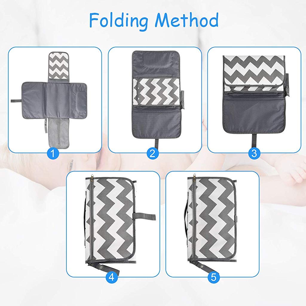 HASTHIP® Grey Waterproof & Foldable Baby Massage Pad with Head Cushion & Organizer Pockets or Diaper Changing Station Baby Mat for Home & Outside Travel