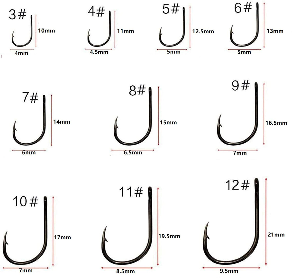 Proberos® 500pcs High Carbon Steel Fishing Hooks with Plastic Box, 10 Sizes Fish Hook with Barbs for Freshwater/Seawater, 3# - 12#(50pcs/ Size)